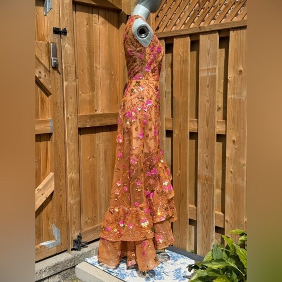🆕 BRONX & BANCO🧿 NWOT Sicilia Coral Sequin Fluted Hem Maxi Dress, Sz XS US2 - Picture 9 of 15